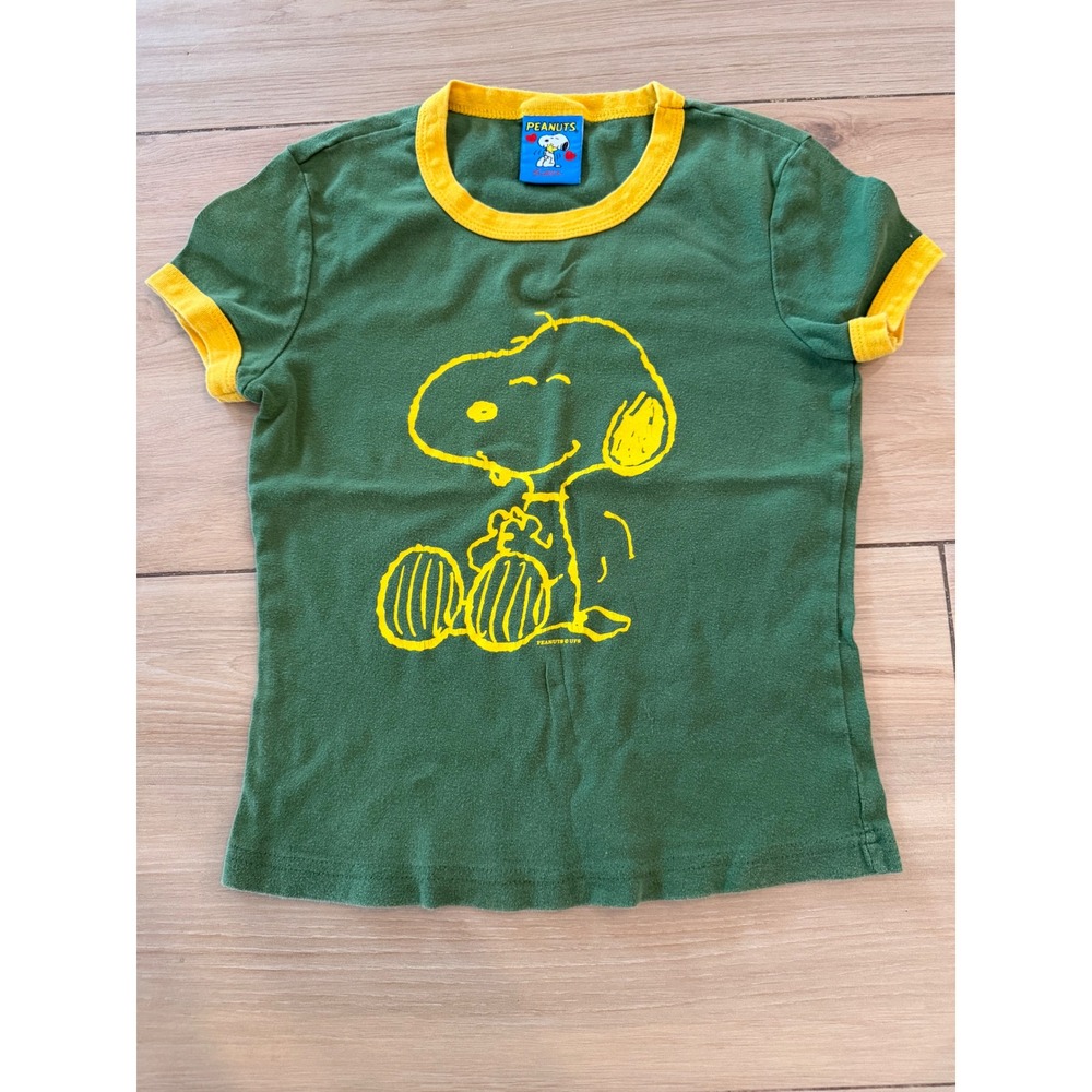 Doe by Mighty Fine Peanuts Snoopy Ringer Tee Green Yellow Women Large Vintage